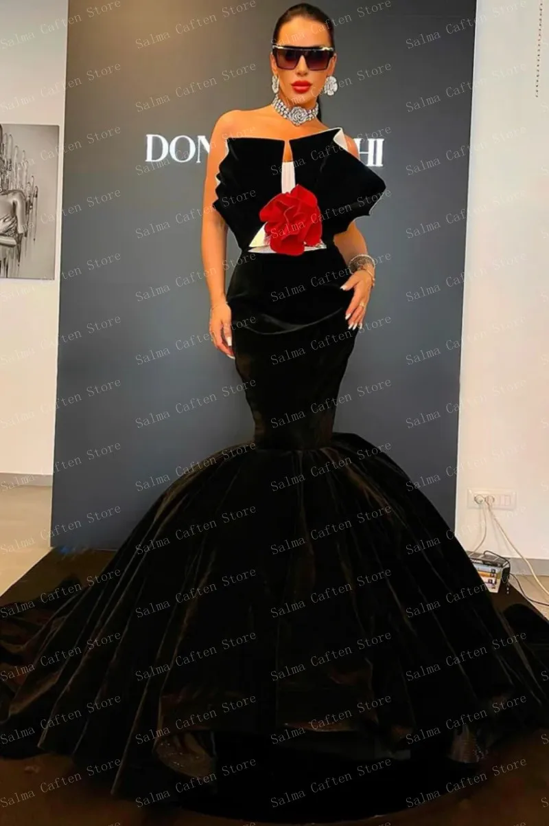 Black Velvet Mermaid Dress Strapless Sleeveless Flowers Evening Dresses Long Elegant Women Clothes Open Back Prom Gowns