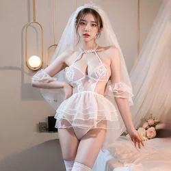 Plus Size Sexy Lingerie Wedding Dress Bride Cos Uniform Transparent Lace Romantic White Bride Porno Outfit Sheer Maid Nightgown