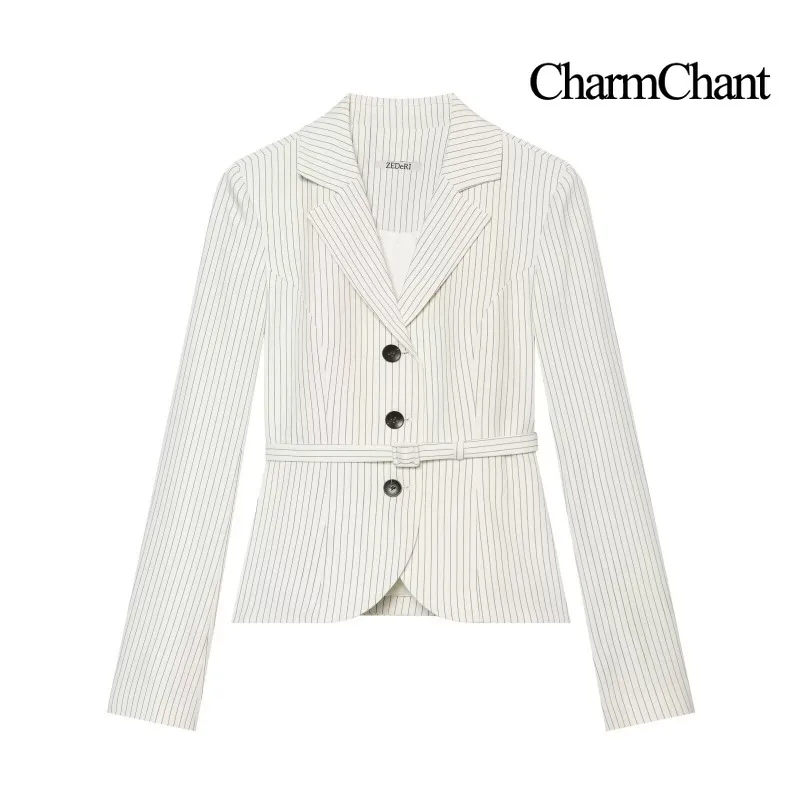 CHARMCHANT Women's Striped Belted Waist Blazer Single Breasted Long Sleeve Cropped Suit Jacket Office Business Spring Fall 2026