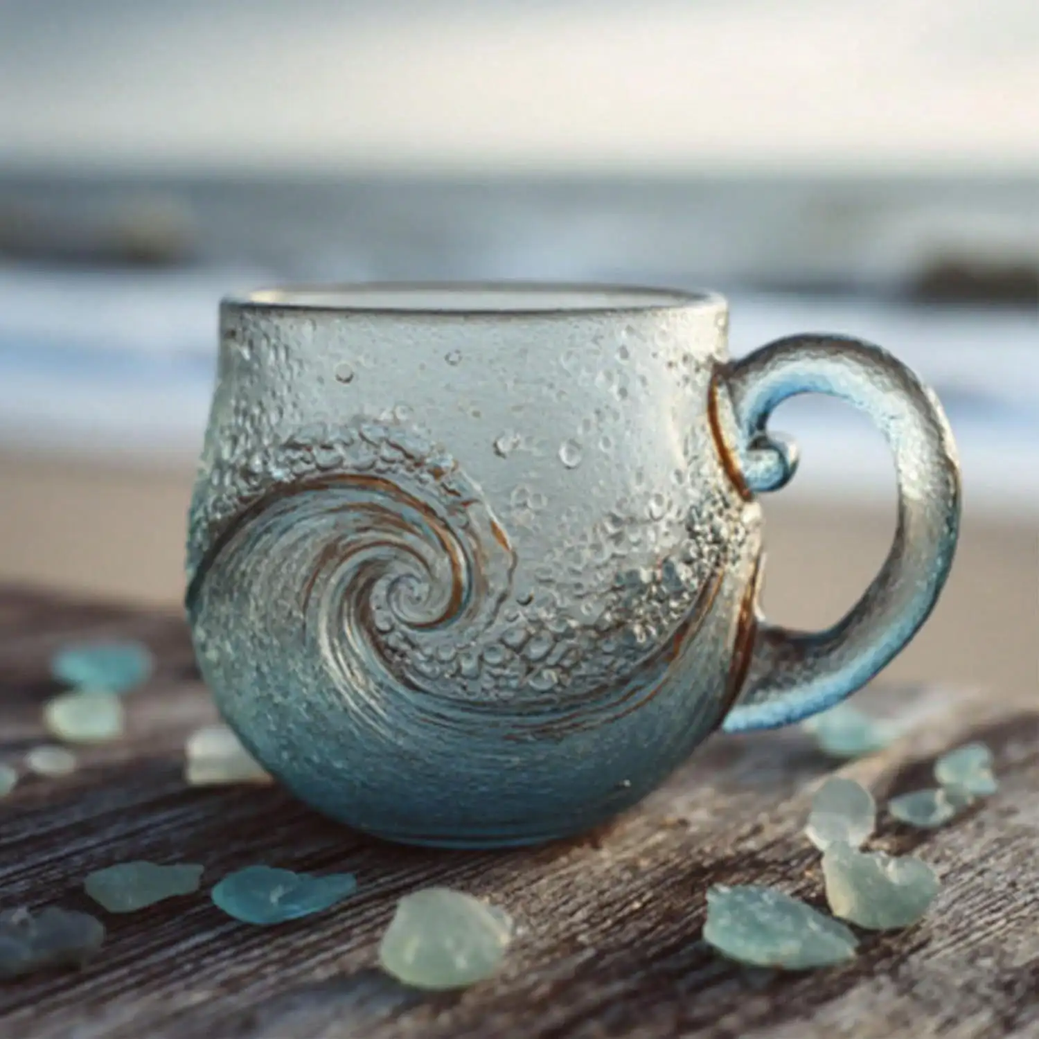 Sea Glass Wave Mug, Unique Textured Beach Theme Drinkware Handcrafted With Blue Swirls,12oz (350ml) Sea-Inspired Cup For Tea,Coffee,Wine. Or Cocktails, Gift For Sea & Beach Lovers(1PCS) sh251224153116973889904