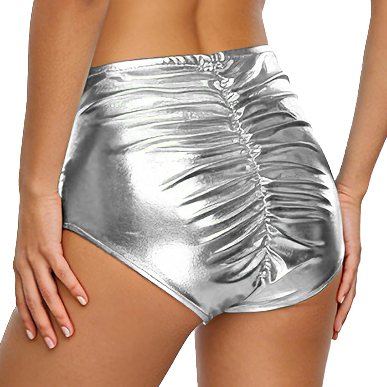 여성용 반짝이는 부티 쇼츠, 무지개빛 메탈릭 브리프, 핫팬츠, 귀여운 리본 주름 하이웨이스트, 뮤직 레이브 파티 댄스 쇼츠, 클럽웨어