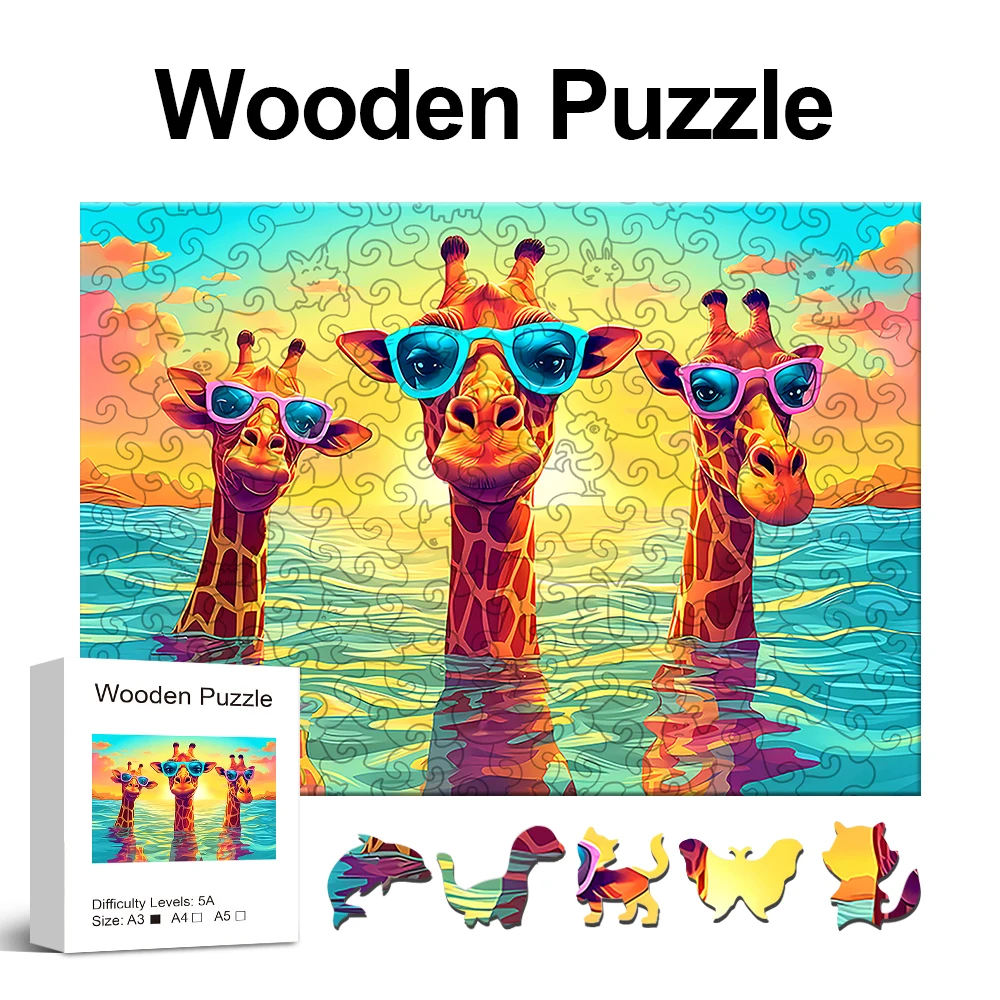 Three Leisurely Giraffes Wooden Puzzle, Irregular Animal shaped Pieces, High-difficulty Magic Puzzle Intellectual Toy