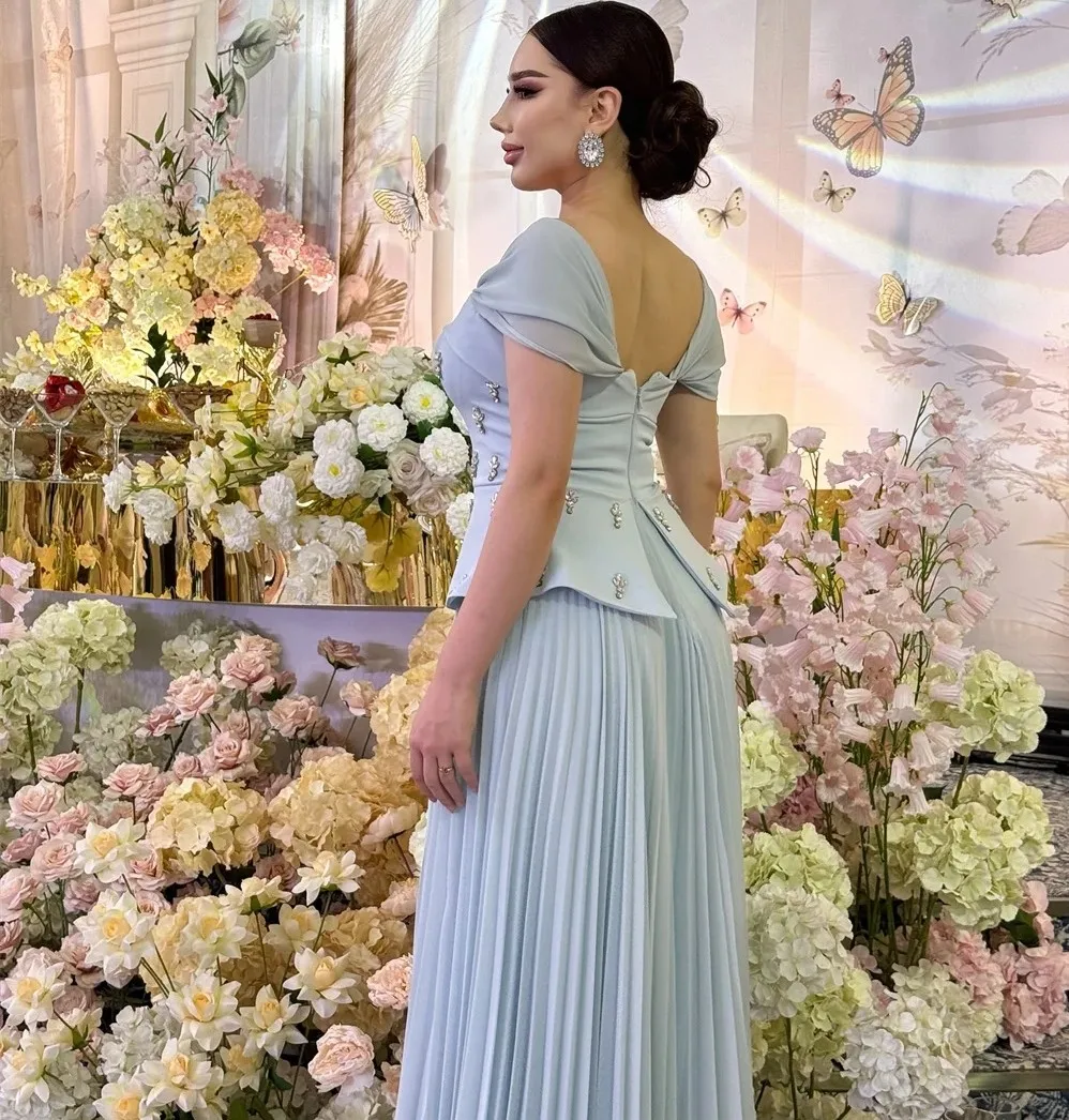 Elegantes blaues Abendkleid für Promis, quadratischer Kragen, Falten, Kristallperlen, Satin, Abschlussball, formelle Kleider, Robe De Soiree