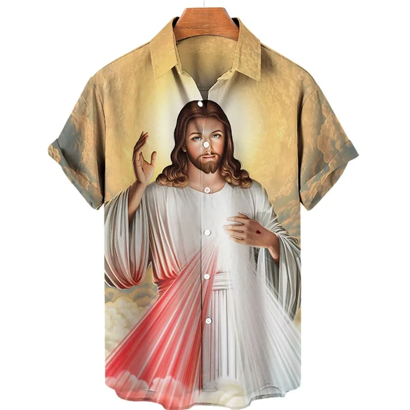 3D Print God Jesus Mary Hawaiian Shirts For Men Casual Short Sleeve Oversived Tee Shirt Top Clothes Men Button Up Shirts Blouses