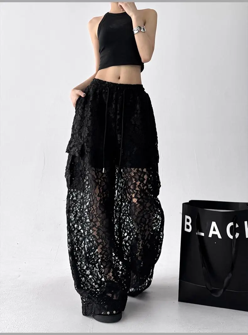 2026 Black Casual Pants Women's Summer Versatile Design Sense Splicing Hollow Lace Premium Sense Straight Wide Leg Pants