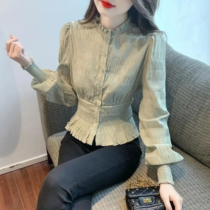 Long Sleeved Shirt Women\'s New Style Waist Cinching Western-style Small Shirt French Gentle Beautiful and Chic Small Top