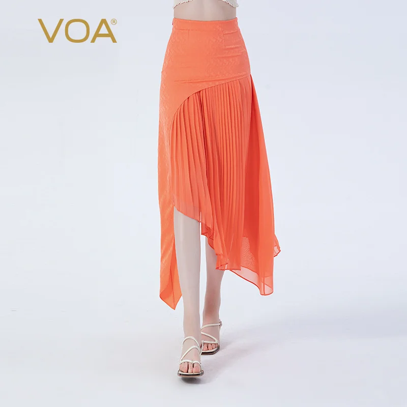 VOA Real Silk 22 Momme Pollen Orange Asymmetric Design Irregular Hem Fashion Elegant Half Skirt for Women Summer CE217