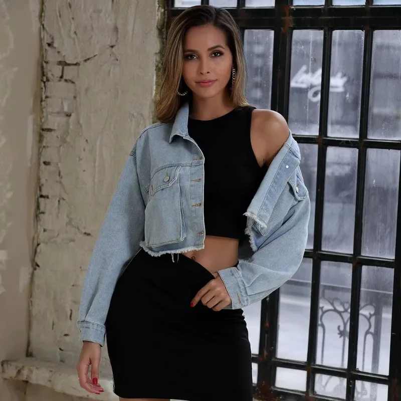 Women Frayed Denim Bomber Jean Jacket Basic Button Up Lady Casual Vintage Outwear Autumn Female Fashion Coat Streetwear