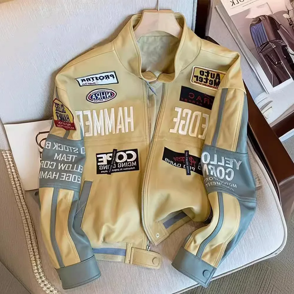 

Европейская и американская мотоциклетная кожаная куртка, бейсбольная куртка унисекс с вышивкой, куртка из искусственной кожи в стиле ретро