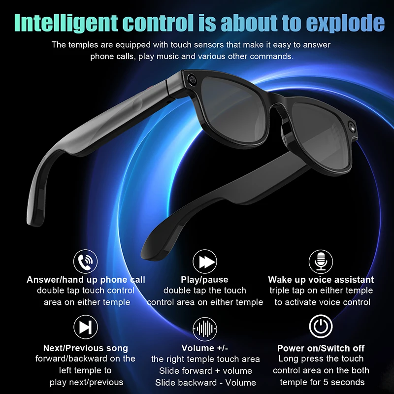Nowe inteligentne okulary z kamerą AI, połączenia Bluetooth, odtwarzanie muzyki, inteligentny asystent głosowy, wodoodporne okulary smart z ładowaniem magnetycznym.