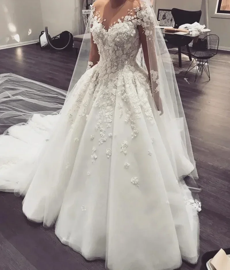 Vestido de novia de encaje personalizado, vestidos de novia de playa transparentes de talla grande para otoño 2024, vestido de novia de perlas de playa de manga larga