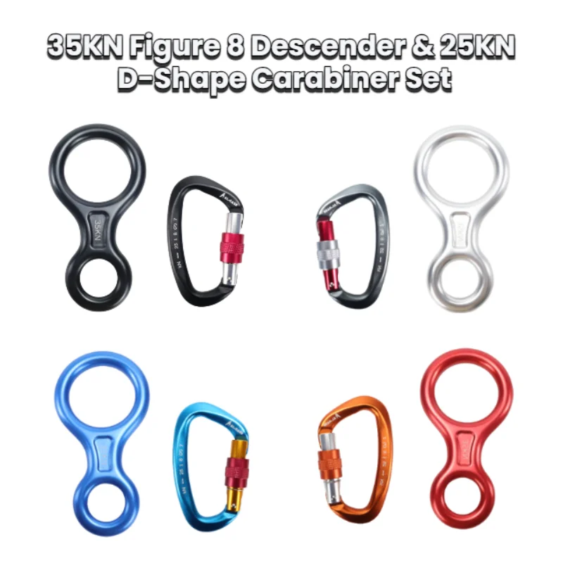 Kit de segurança de escalada selecionado: 35KN Figura 8 Descender e 25KN Conjunto de dispositivo de segurança de alumínio mosquetão em forma de D para resgate em rapel