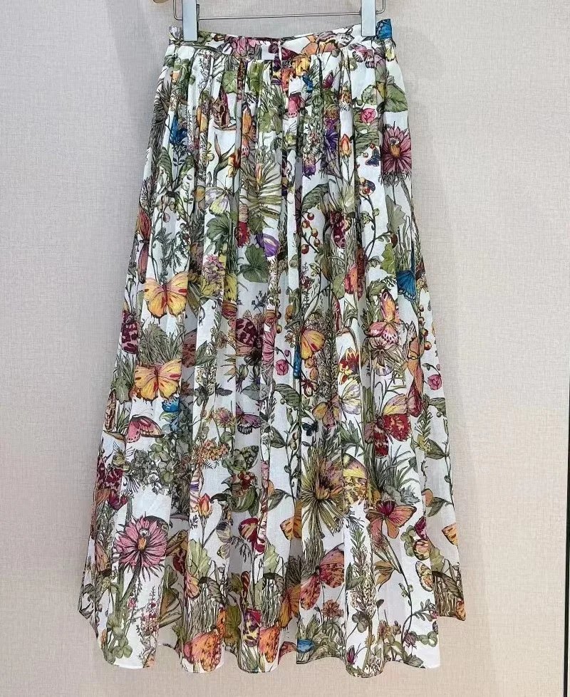 100%Cotton Long Skirt 2024 Spring Summer Fashion Style Skirt Ladies Colorful Butterfly Prints High Waist Casual Maxi Skirts