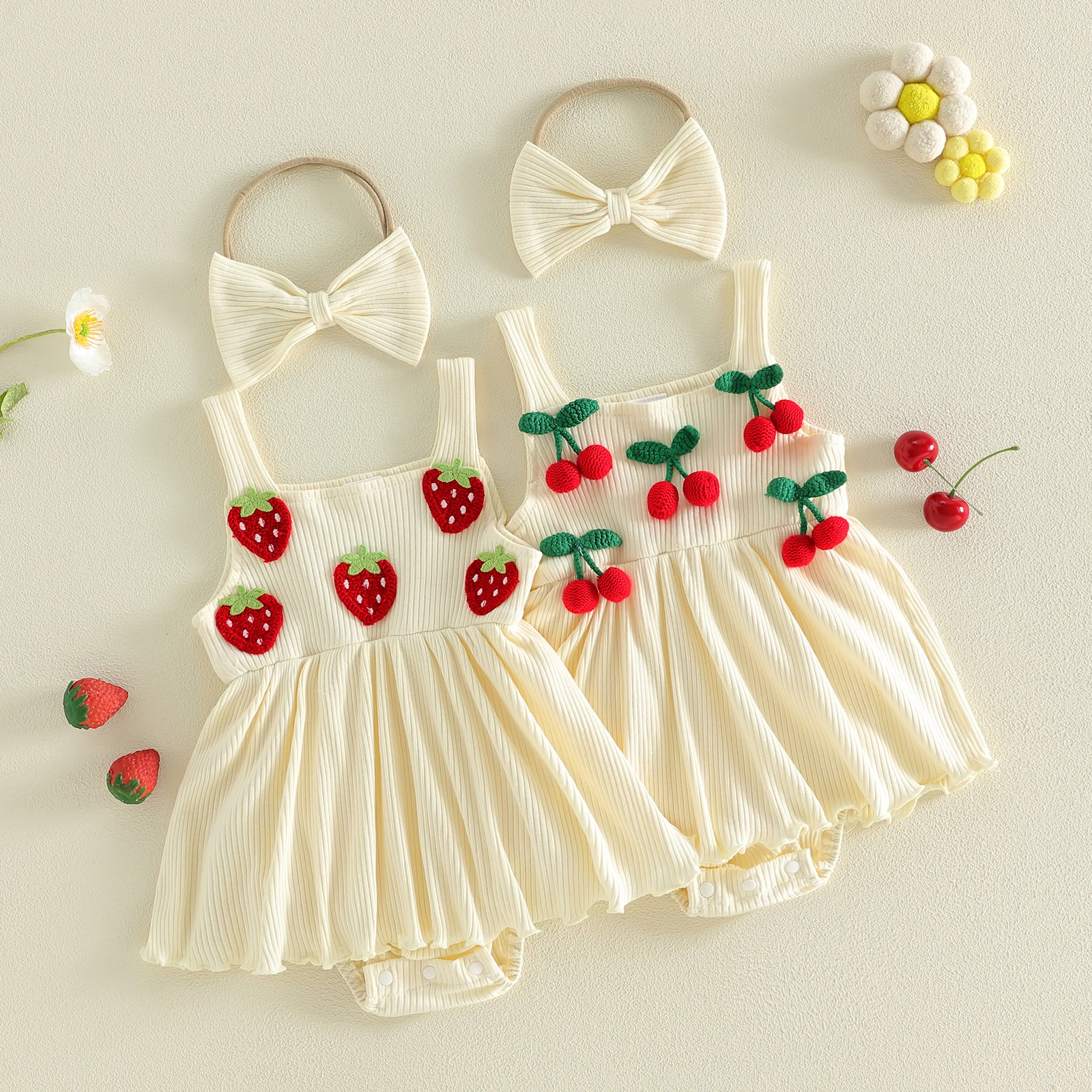 Baby Girls Rompers Strawberry/Cherry Decor Sleeveless Skirt Hem Infant Bodysuits Jumpsuits with Headband
