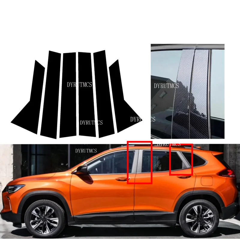 6pcs Glossy Black Silver Carbon Pillar Post Fit For  Chevrolet Tracker 2019-2021  Door Window Column BC Trim Sticker Cover