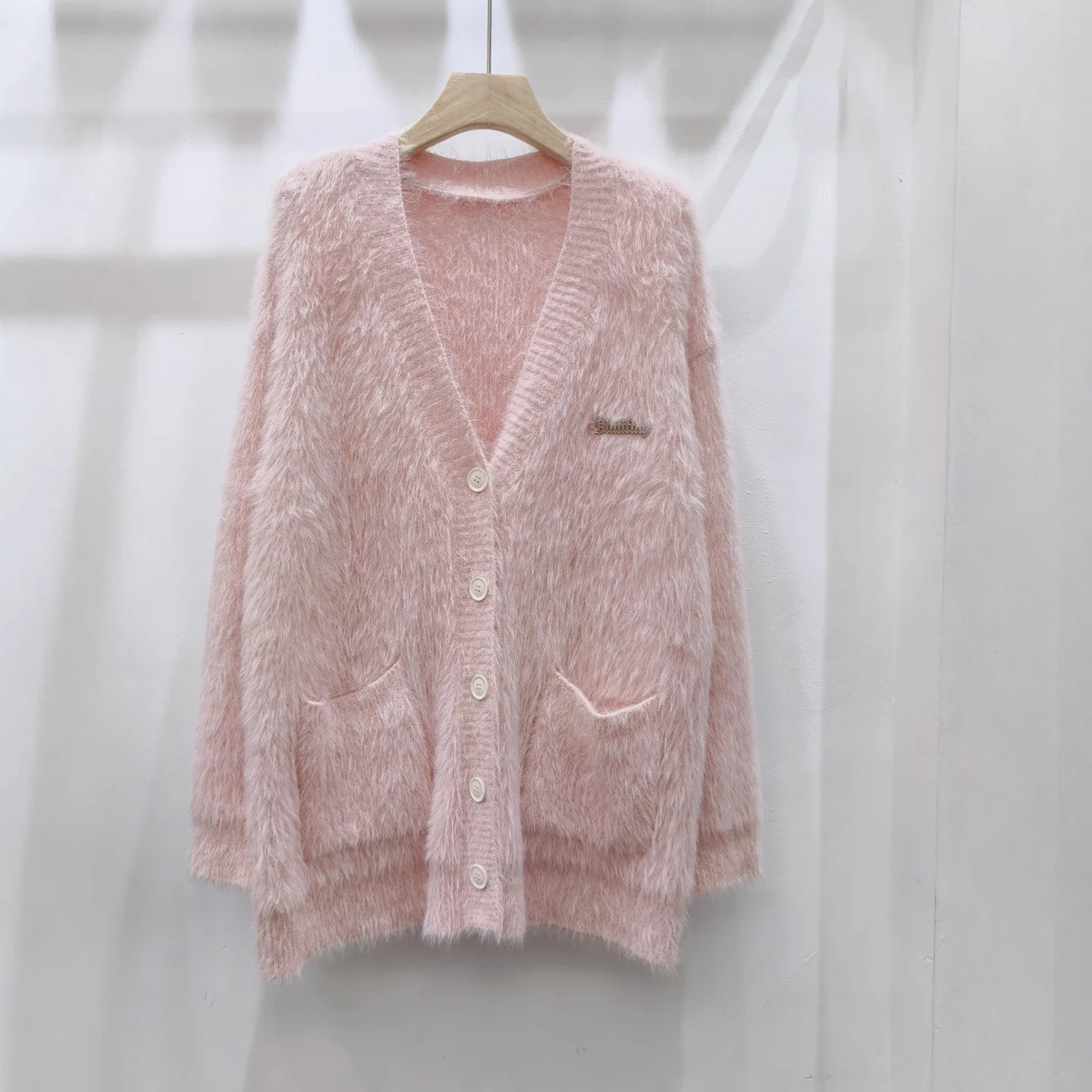 

Elegant Pink Mink Cashmere Knit Cardigan Women'S Autumn Winter Single Breasted V-Neck Pockets Sweater Jacket Coat Oversize Sweet