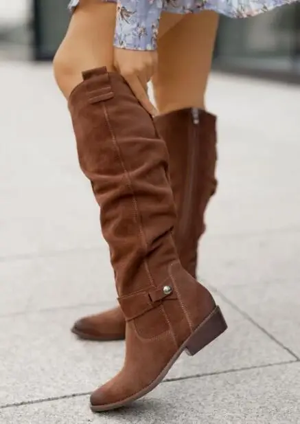 Mode Dame Abrikoos Grijs Bruin Zwart Effen Suède Knoop Rits Zijkant Vrije tijd Platte Knie Hoge Laarzen Vrouw Casual Lange Botas Schoenen