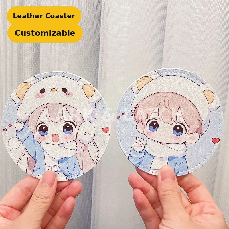 Custom Photo Leather Coaster Personalized Anime Pet Picture Kpop Idol Merch Logo Print Round Square Drink Cup Mat DIY Gift