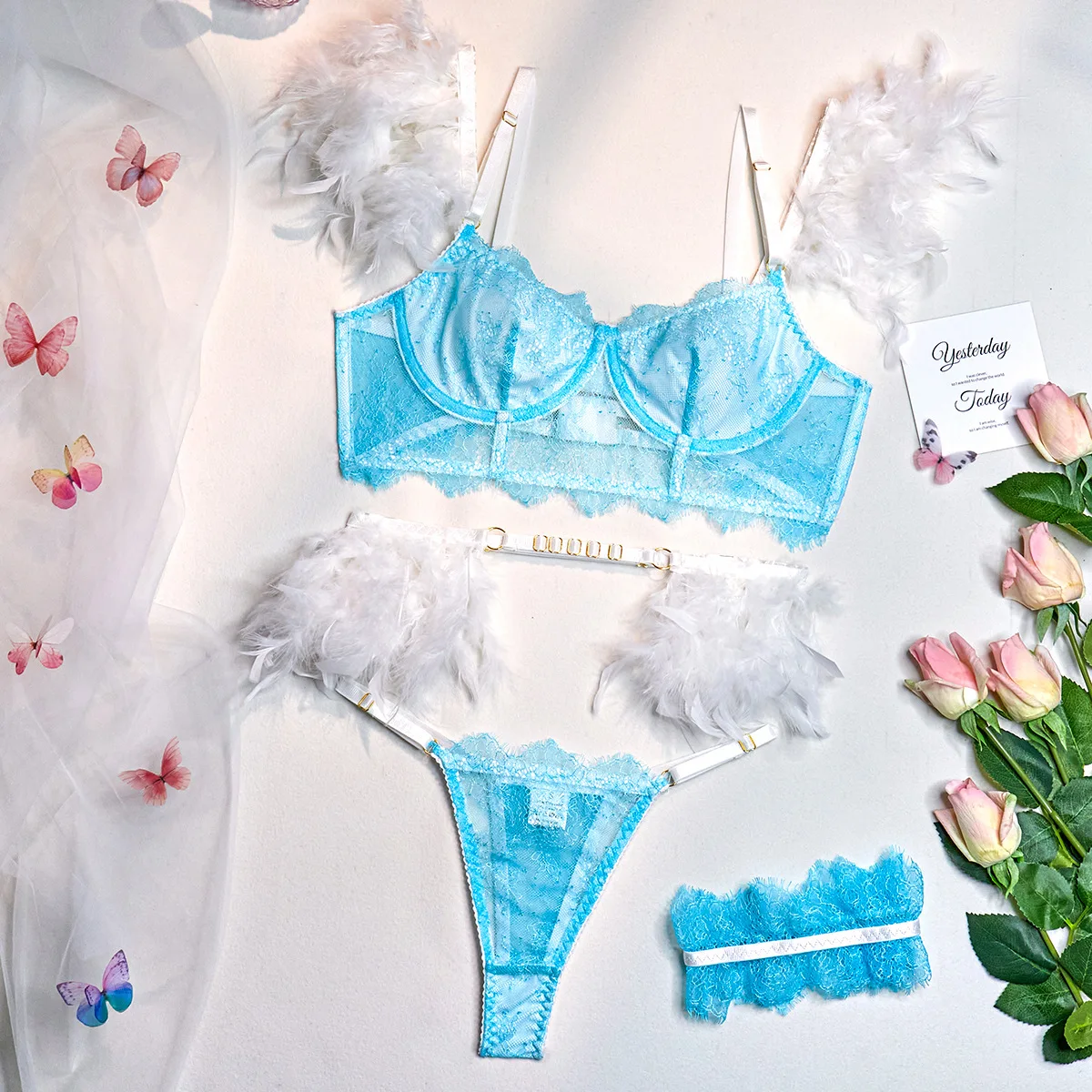 Sexy lingerie feathers Fresh Contrasting Colors Comfortable Versatile Girly Sexy Four-piece Suit Blue