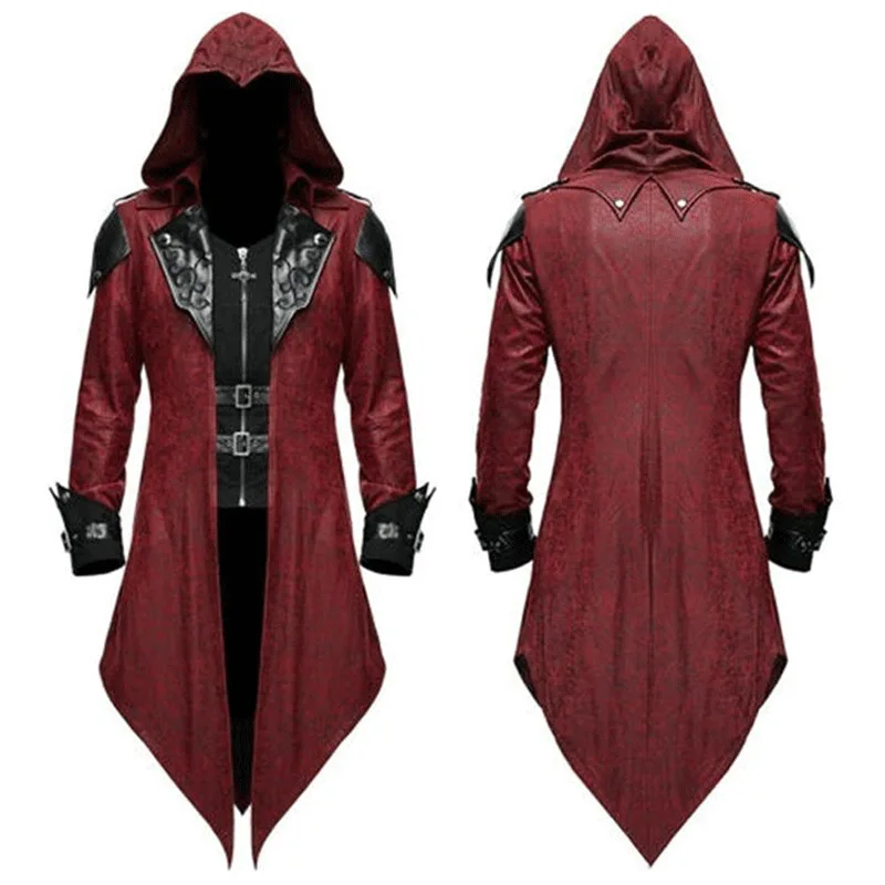 Men Tailcoat Jacket Medieval Costume Gothic Steampunk Black Retro Long Sleeve Uniform Hoodie Party Winter Overcoat Outwear