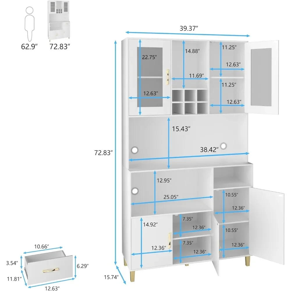 Kitchen Pantry Storage Cabinet,Modern Freestanding Pantry Cabinet with Tempered Glass Doors,5 Storage Cabinet & Grid Wi