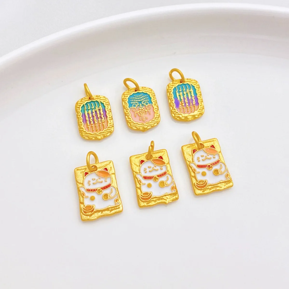 Ancient Sand‑Gold Burnt‑Blue Enamel Lucky Cat Zakiram Charm Pendant DIY Findings for Bracelet Necklace Jewelry Making