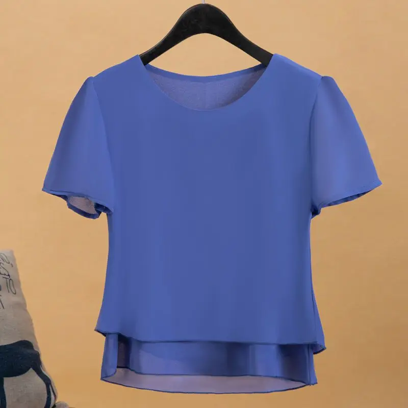 2024 New Chiffon Shirt Loose Short Sleeves Show Weight and Cover the Belly