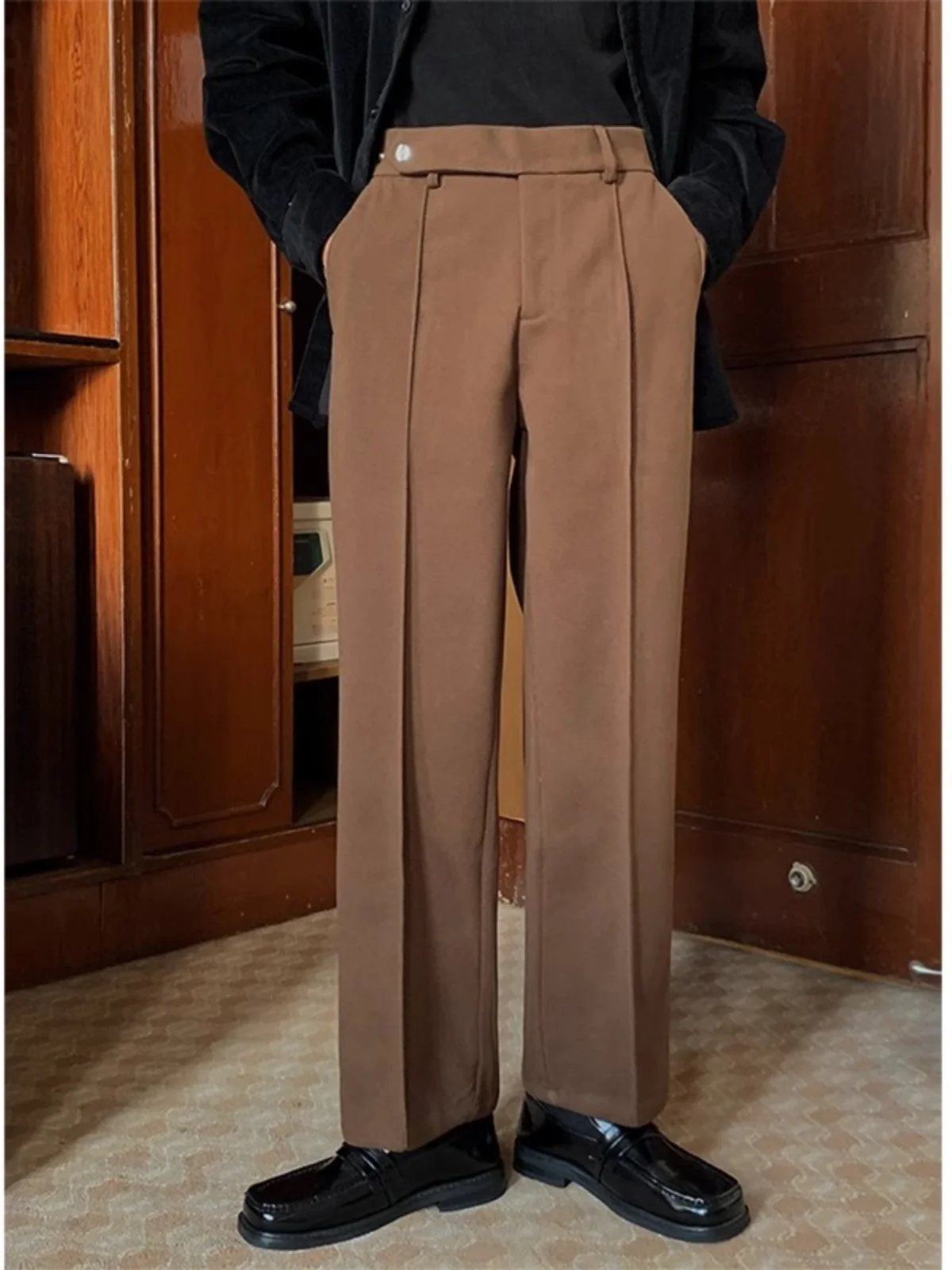 

Casual Woolen Men's Straight Leg Loose Fit Suit Pants Autumn Winter Faion Long Trousers Youth Sle Busin Casual Wear