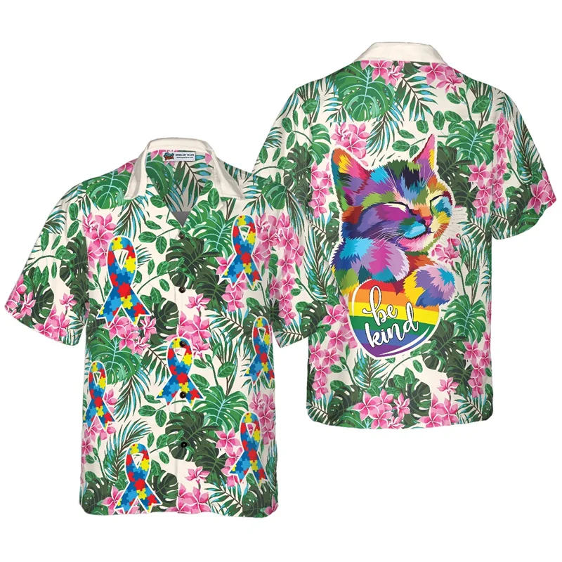 Funny Cat Hawaiian Shirt Men And Women Clothes Summer Fashion Street Short Sleeve Lapel Tops Kid Cute Vacation Beach Shirts