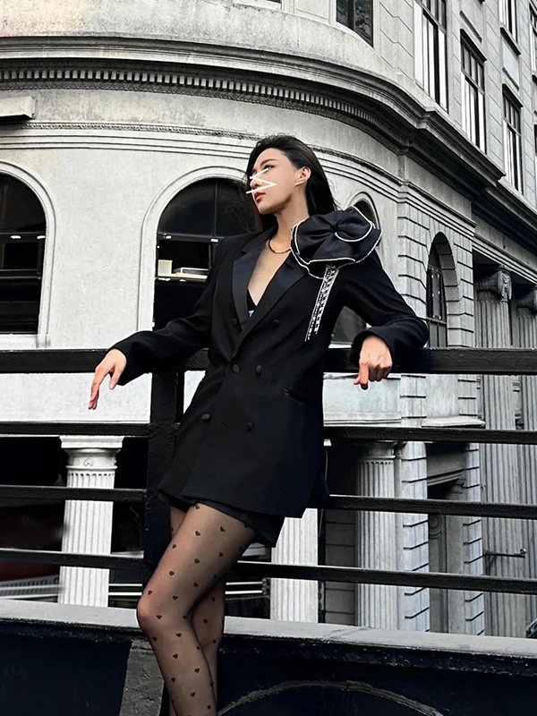 

Ele Double-Breasted Diamond-Encrusted Tassel Long Suit Jaet Women's Faion Workwear Polyester Embellied Chain