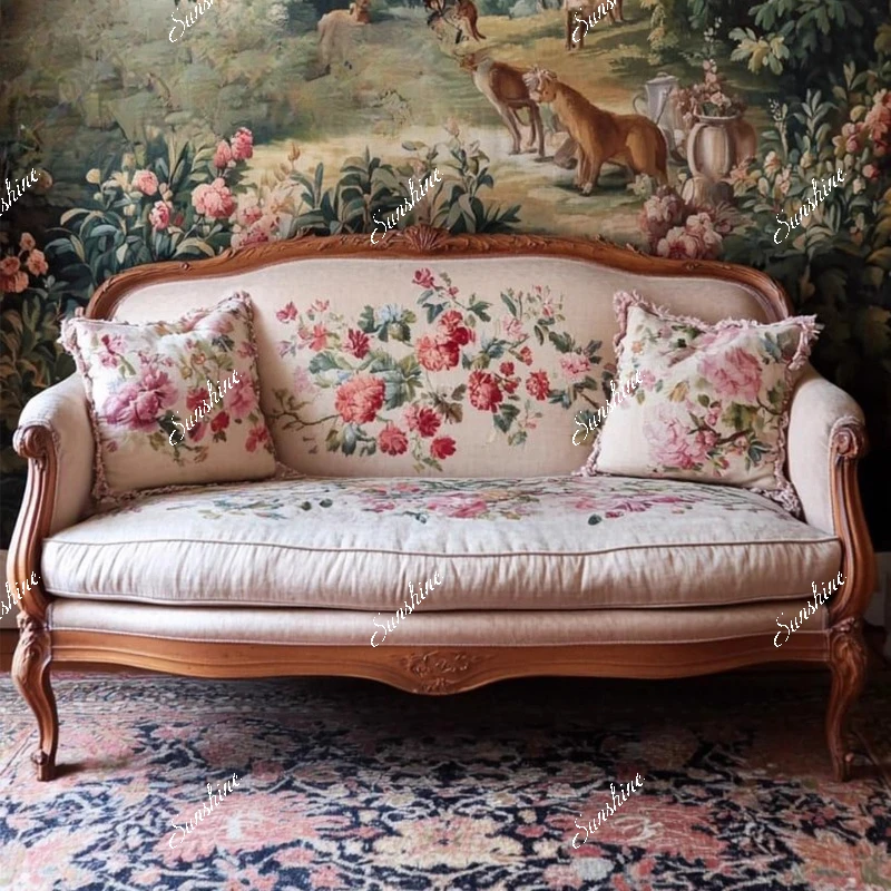 

American retro solid wood small apartment living room three-seater inline sofa