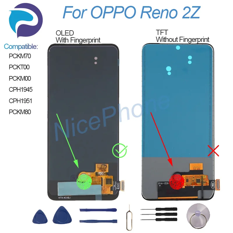 For OPPO Reno 2Z LCD Screen + Touch Digitizer Display PCKM70, PCKT00, PCKM00, CPH1945, CPH1951, PCKM80 Reno 2Z LCD Screen