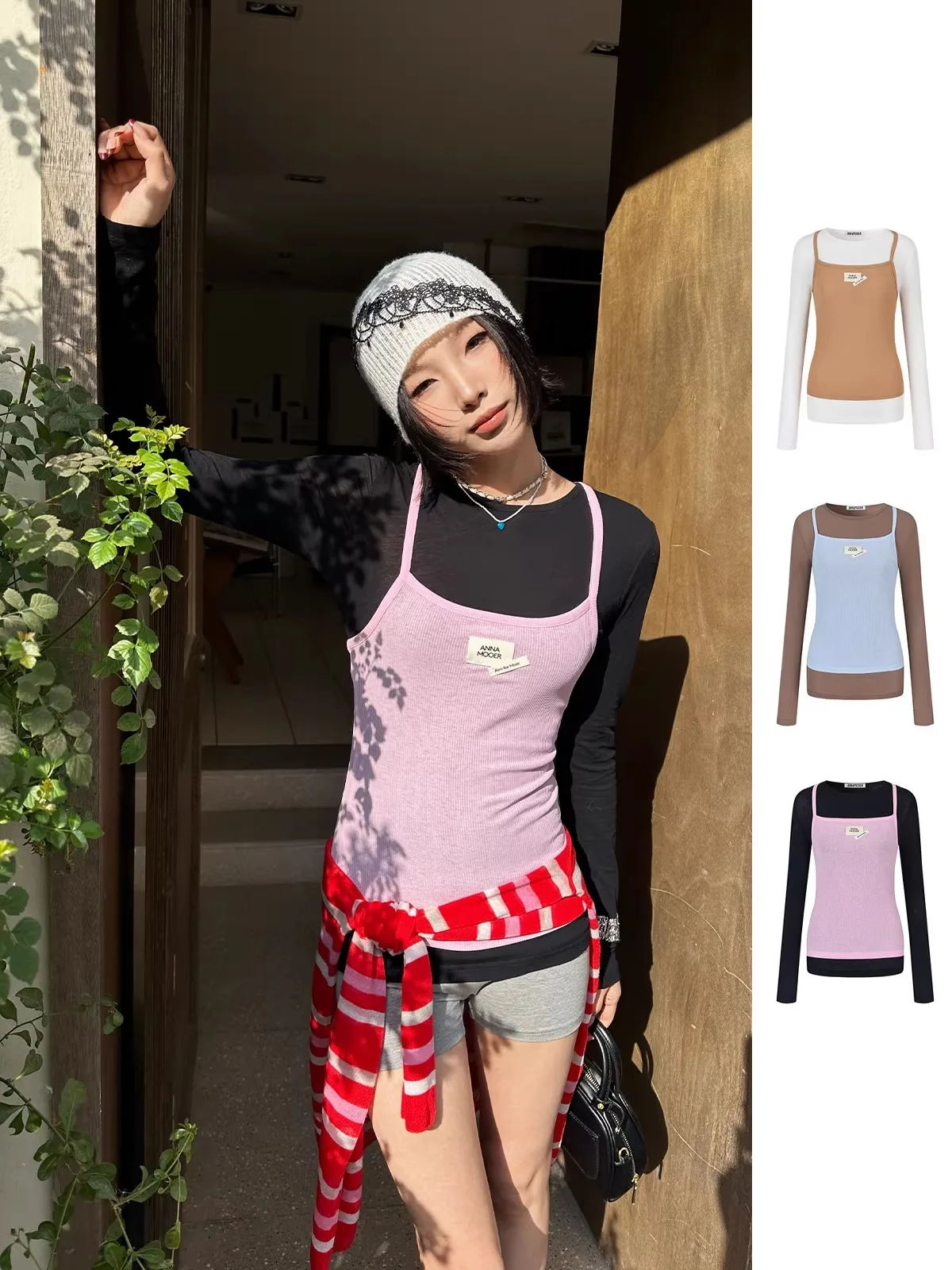 

Anna Mooer Long Sve T-irt True Two-Piece Strap-Sle Base Layer Buy Hand Store Casual Sle U-Ne Printed Wome...