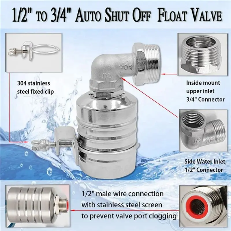 DT17 2pcs 1/2 Inch to 3/4 Inch 304 Stainless Steel Automatic Water Level Control Float Valve for Water Tank