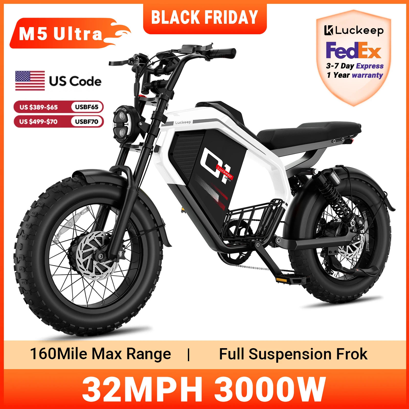 

Luckeep M5 Ultra Electric Bike for Adults/Teen, 3000W Peak Dual Motor, 52V 40Ah Dual Battery,160 Miles 32MPH