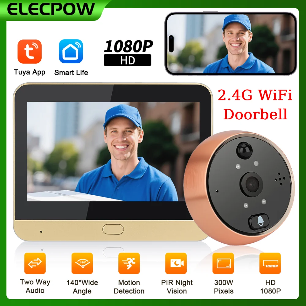 Elecpow Tuya جرس باب ذكي يعمل بالواي فاي مع جرس حلقي 4.3 بوصة 1080P كاميرا بثقب الباب الرقمي PIR للرؤية الليلية كشف الحركة