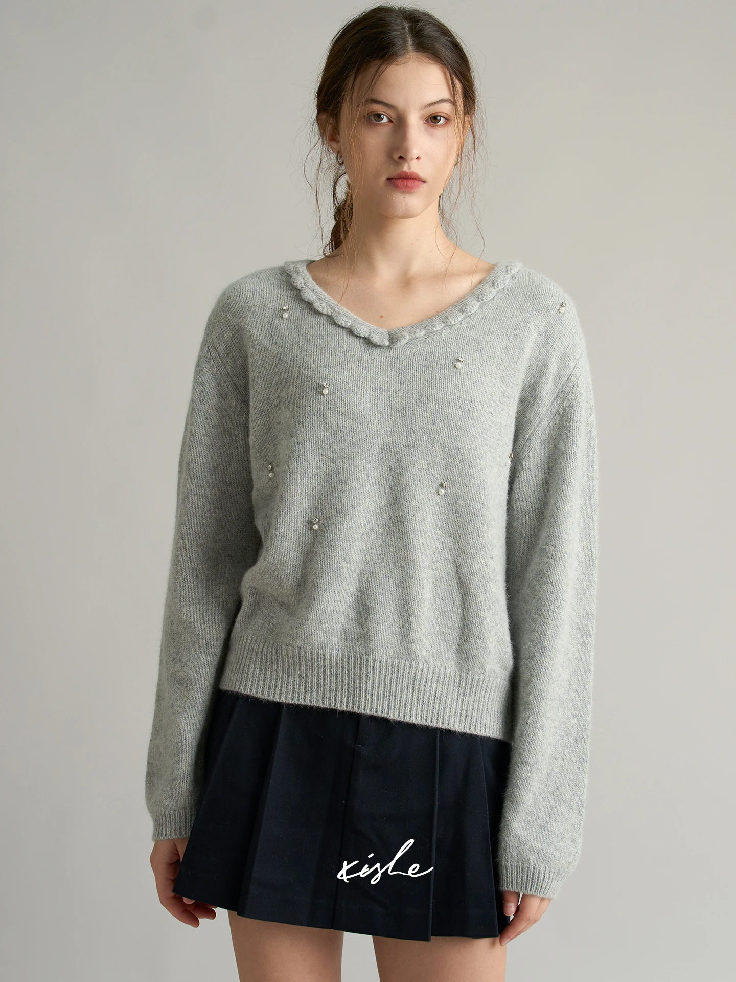 

XIE 'Little Sparkle' 100% шерстяной вязаный свитер женский осенне-зимний с V-образным вырезом, украшенный стразами, свободного кроя, с длинными рукавами