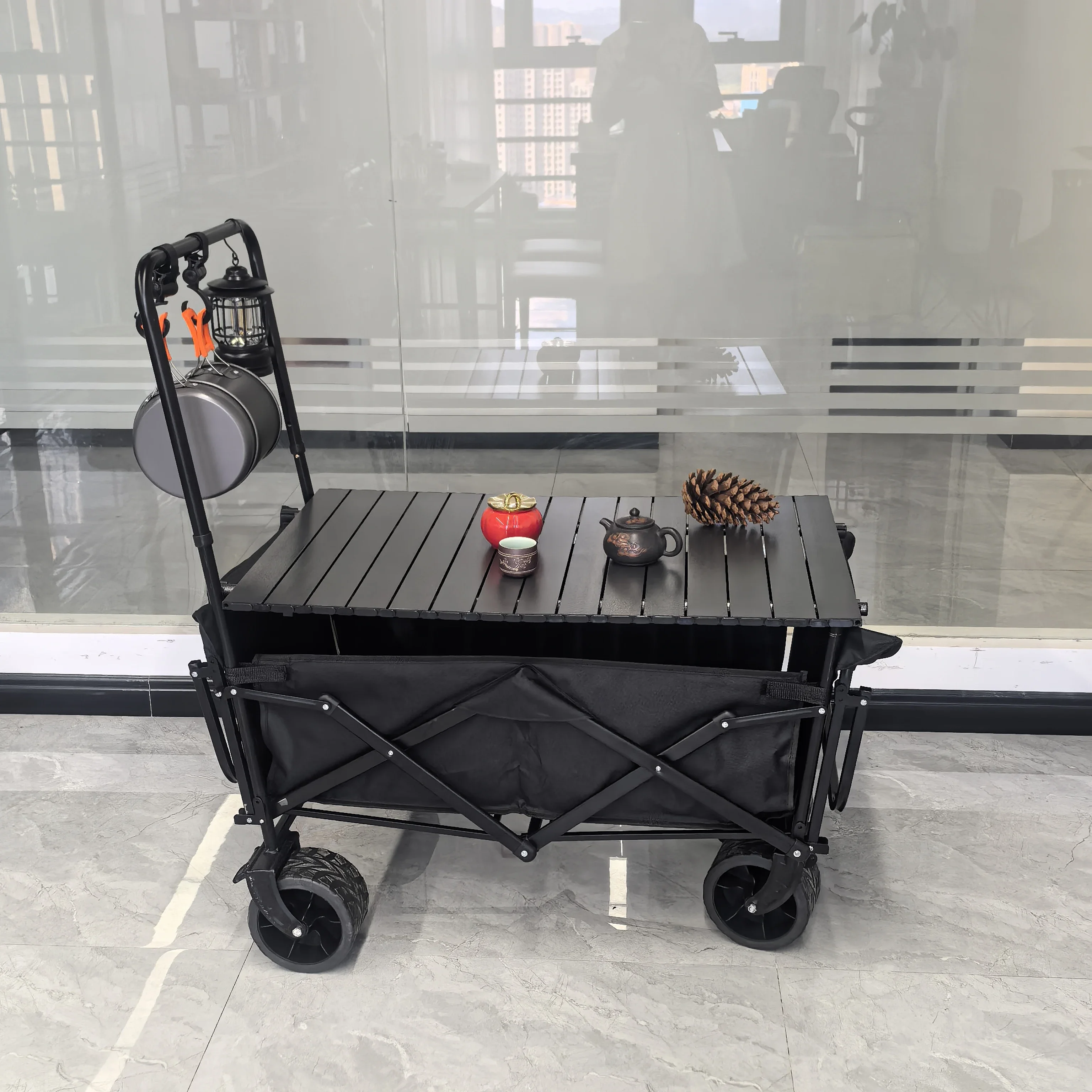 Outdoor Camping Aircraft Wheeled Cart Foldable Hand Pushing Camping Trailer Pull Rod Rear Wagon Cart for Camping Picnic Trolley