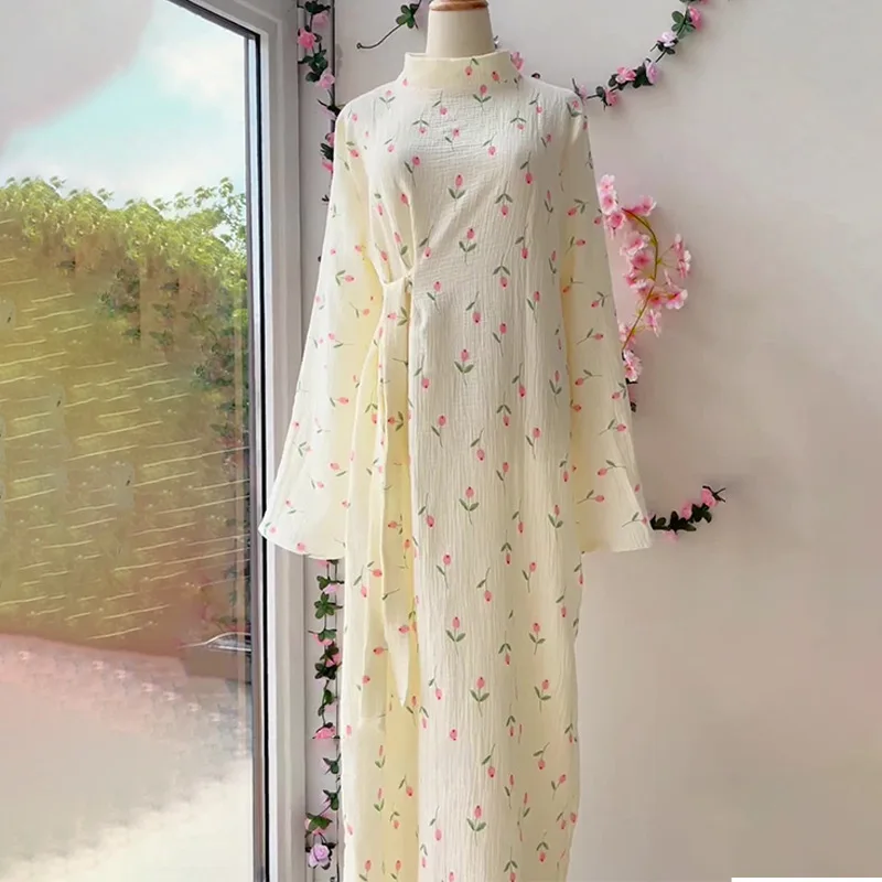 

Floral Print Women's Dress High Waist Knitted Gown Thin Long Sleeve Autumn New Arrival Cross-Border Chinese Fashion