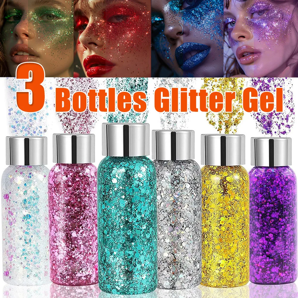 3pcs Body Glitter Gel Face Glitter Makeup Party Festival Glitter Gel Eye Eyeshadow Hair Glitter Gel for Bar Makeup