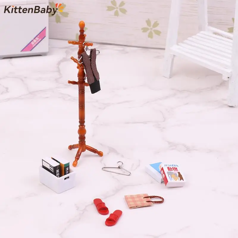 1Set 1:12 Dollhouse Miniature Coat Rack Hanger Shoe Bag Clothes Book Box Furniture Model DIY Vintage Dollhouse Scene Decor