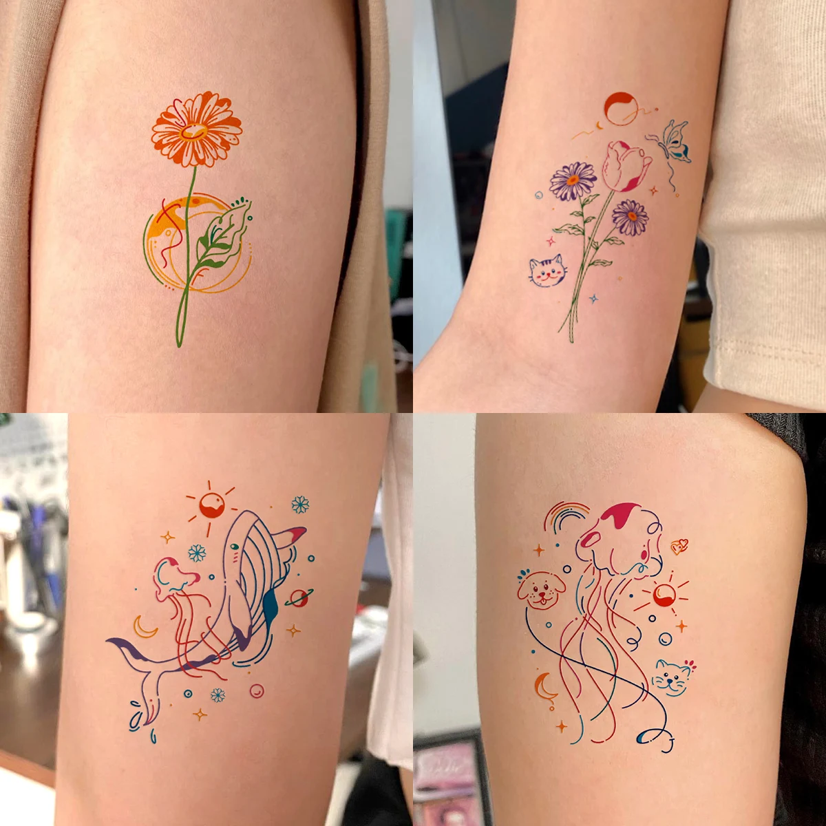 Autocollants de Tatouage Colorés à Motif de Fleurs et d'Animaux, 12 Pièces, Imperméables, Durables, Mignons, pour Bol, Art Corporel