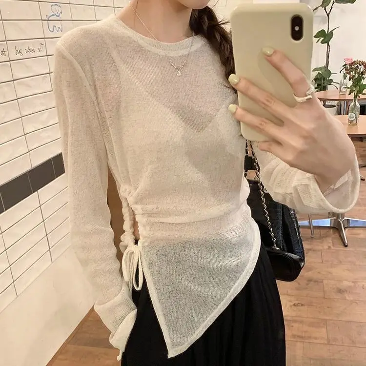 Slimming Effect Knitted Top Women's Summer New Style Waist Exposure Uneven Hem Thin Micro Translucent Sun Protection Cover up