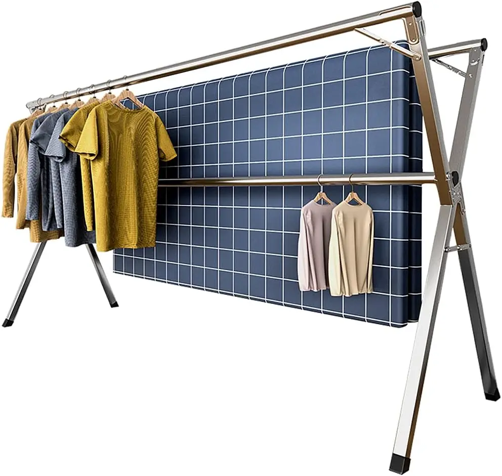 

Stainless Steel Laundry Drying Rack, Foldable &Length Adjustable Space Saving Garment Rack, with 20 Windproof Hooks.