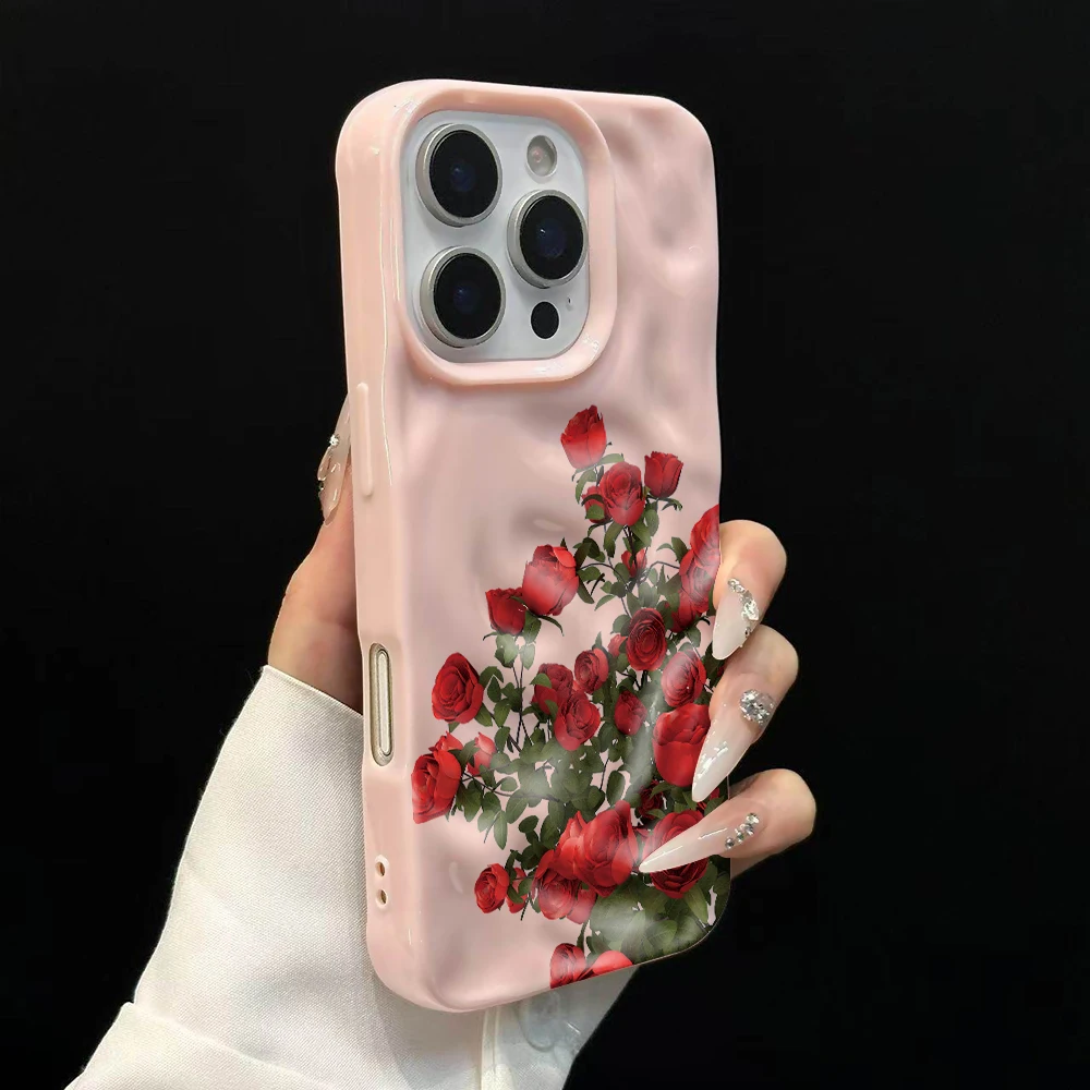 Koreanische Rosenblumen-Drucke Niedliche Handyhülle für iPhone 17 16 15 14 13 12 11 Pro Max 14 Plus 17Air Falten-Wellen Weiche Silikonhülle – Detail 9