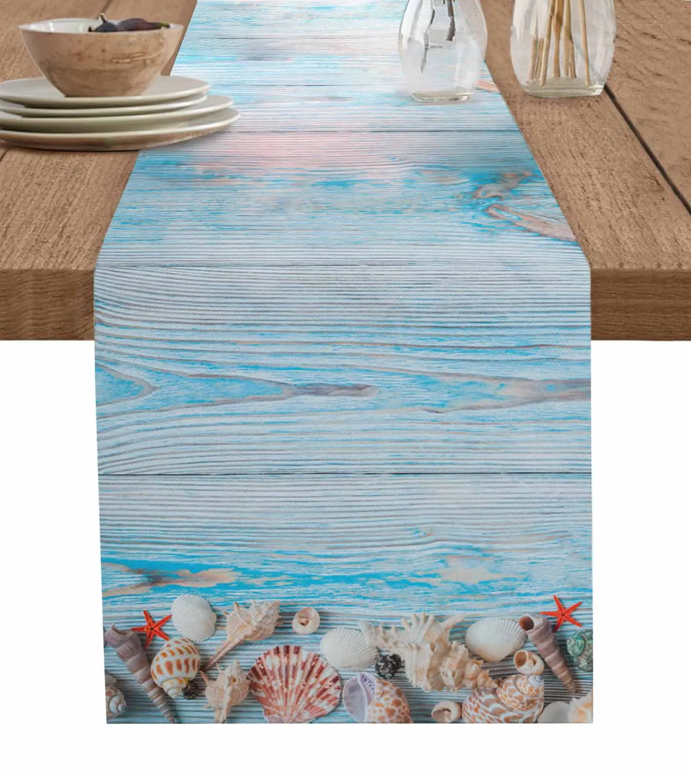 Summer Shell Starfish Wooden Board Table Runner for Dining Table Kitchen Decor Tablecloth Wedding Dining Table Runner