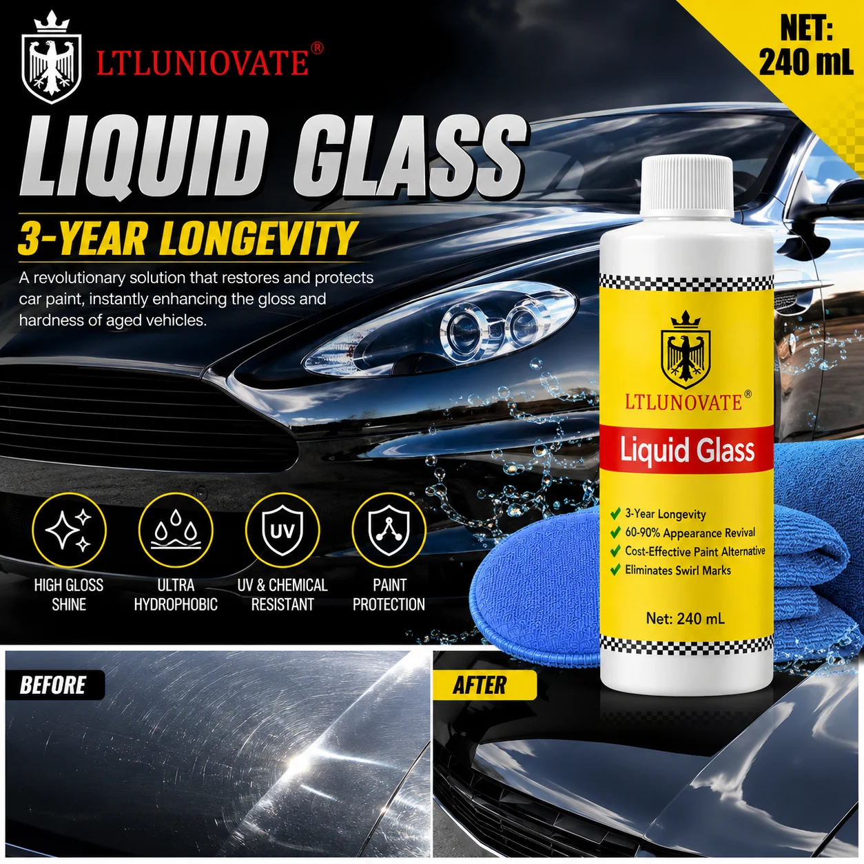 240mL LTLUNOVATE Liquid Glass, 10μm Hard Clear Coat High‑Gloss Paint Restorer for Swirls Scratches Faded Paint