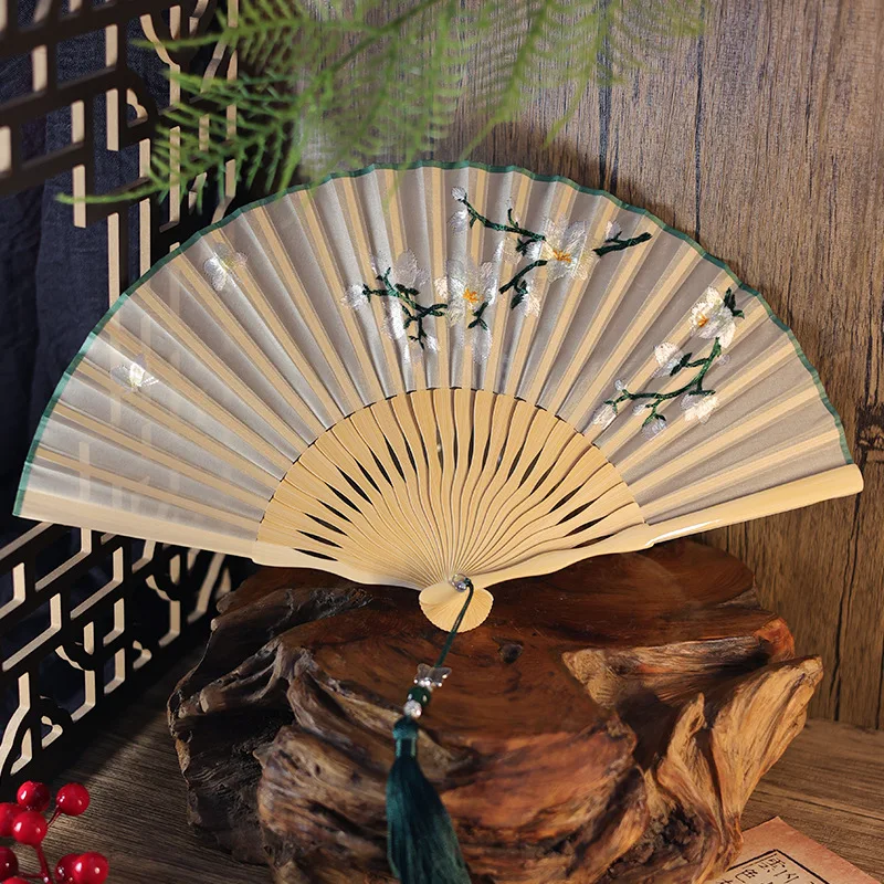 Chinese Style Embroidery Fan Hanfu Cheongsam Show Folding Fan Dance Performance Fan Kungfu Qipao Matching Beautiful Women Fan