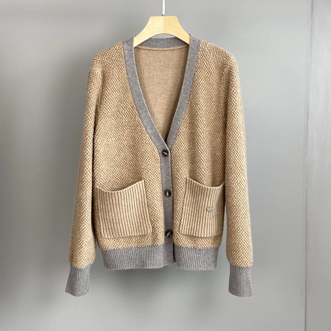 Damski Jesienno-Zimowy Nowy Kaszmirowy Kardigan w Blokach Kolorów, Luźny Sweter-Płaszcz z Dekoltem w Serek i Kieszeniami