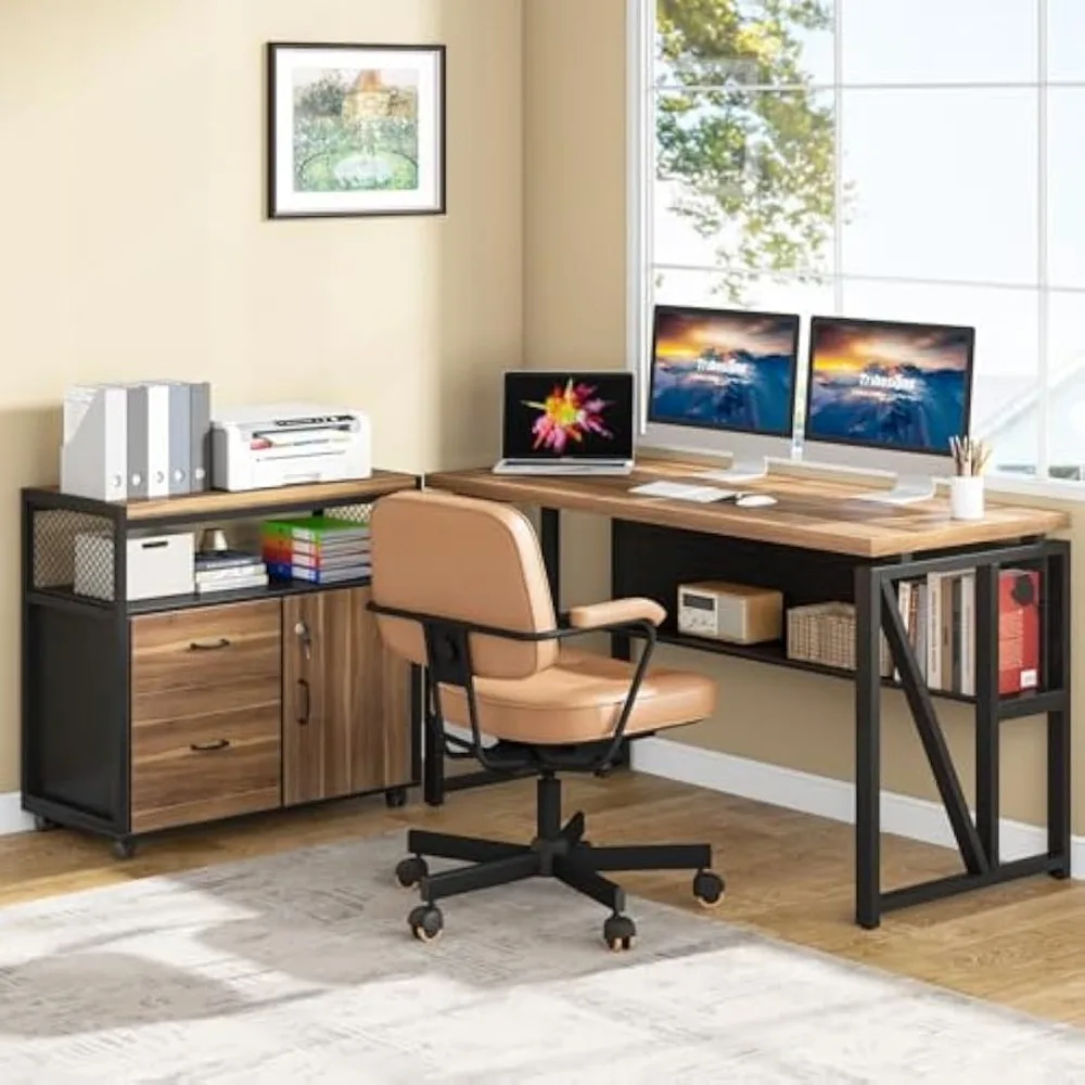 

Desk with Drawer, 55" Long Computer Desk with Storage Rack and Mobile Document Cabinet, Home Office Furniture Set Exe